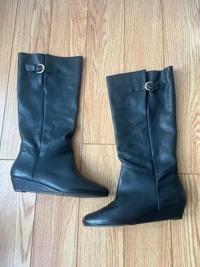 Steve Madden Intyce Classic Black Leather Mid-Calf Wedge Boots
